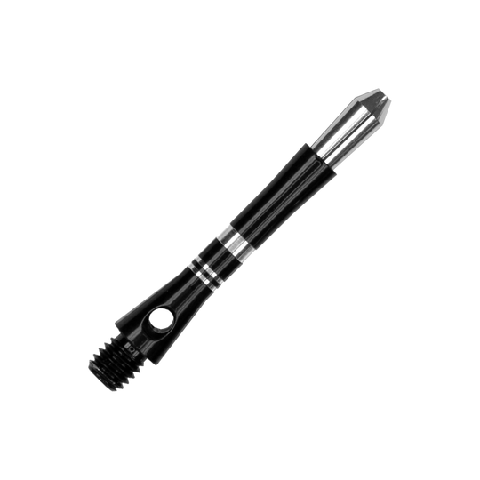 560_Target_Colette_Shafts_Schwarz_35mm_2 Das Bild zeigt einen schwarzen Harrows Colette Shaft für Darts. Der Shaft hat silberne Akzente und ein klassisches, schlankes Design.