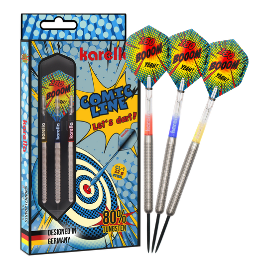 Karella Comic Line CL-1 steel darts - 22g Das Bild zeigt den Karella Comic Line CL-1 Steeldarts - 22g. Es veranschaulicht die vollständige Ansicht des Steeldartpfeils.