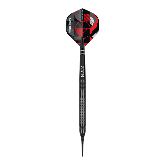 Red Dragon T-800 soft darts - 20g Das Bild zeigt einen Red Dragon T-800 Softdart mit einem Gewicht von 20g. Der Dart ist schwarz mit roten und weißen Designelementen auf dem Flight.