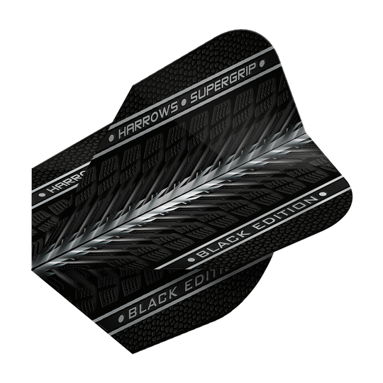 Das Bild zeigt das Produkt "Harrows Supergrip Black-Edition No6 Flights" in schwarzem Design. Auf dem Flight sind die Schriftzüge "HARROWS • SUPERGRIP" und "BLACK EDITION" zu sehen.