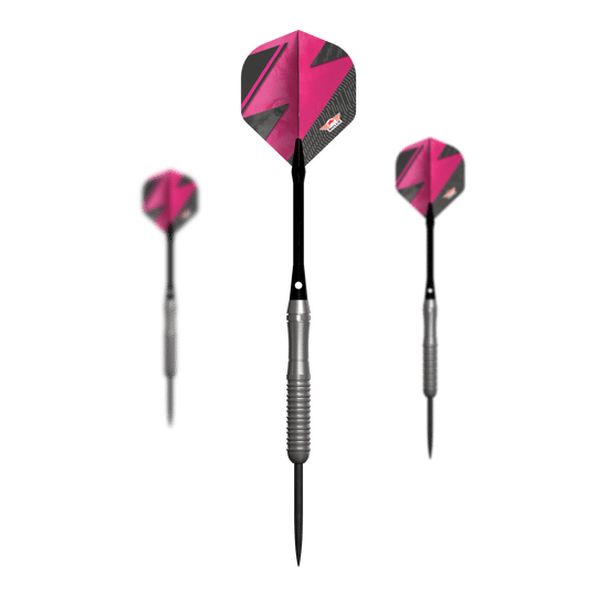 Bulls NL Lightning Pink steel darts Das Bild zeigt drei Steeldarts mit silbernem Griff und pink-schwarzen Flights. Es handelt sich um das Produkt "Bulls NL Lightning Pink Steeldarts".