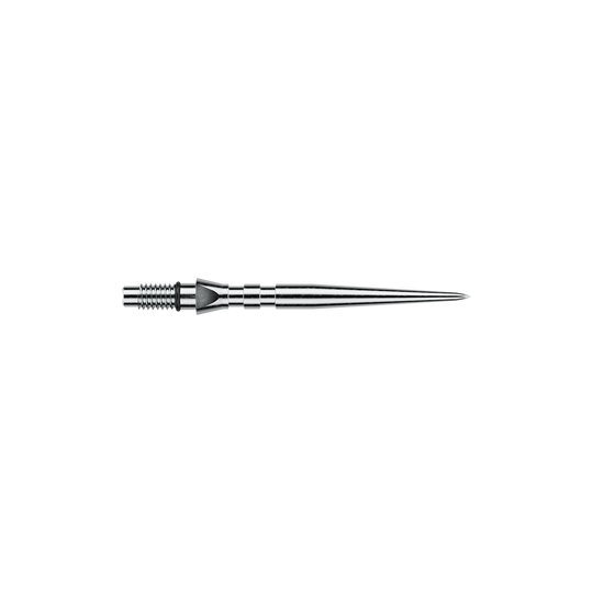 Winmau Switch Point Groove steel dart tips - Silver Effect Das Bild zeigt silberfarbene Steeldartspitzen mit Rillen, vermutlich 'Switch Point Groove Silver Effect' und 26mm lang. Die Spitzen sind für Steeldarts vorgesehen.
