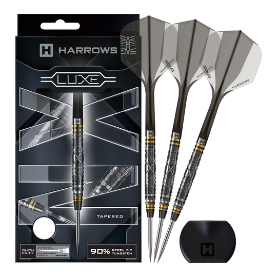 Harrows NX Luxe Tapered Quick Point Steeldarts Zu sehen ist ein Steeldartpfeil mit zulaufendem Design und strukturierter Oberfläche. Er ist deutlich von der Seite präsentiert.