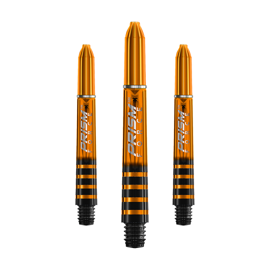 Das Bild zeigt drei orangefarbene Winmau Prism Force Shafts für Darts. Die Shafts haben schwarze Streifen und silberne Details.