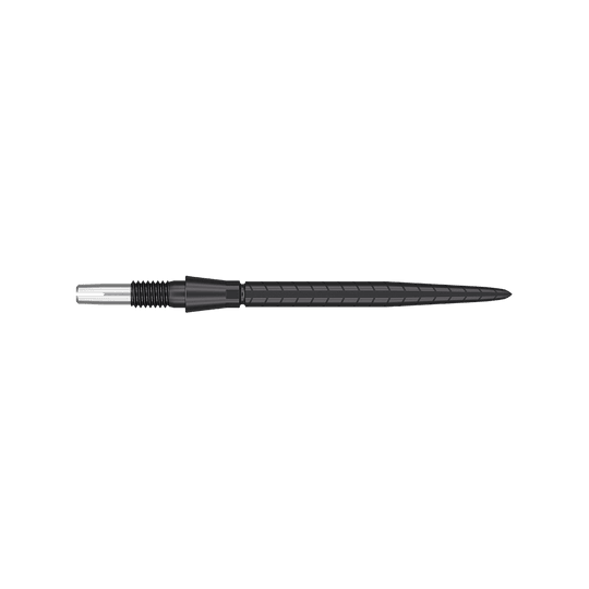 Das Bild zeigt eine schwarze Dartspitze mit feinen Rillen und einem schlanken Design. Die Spitze hat eine Länge von 30 mm und wirkt hochwertig verarbeitet.