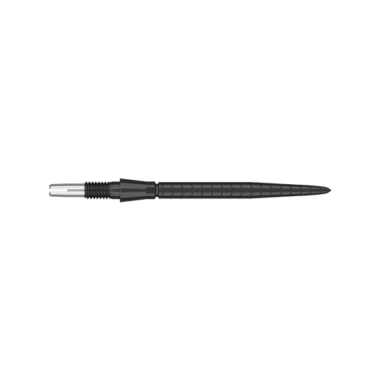 Target Swiss Storm Quartz Dart Tips - Black Das Bild zeigt eine schwarze Dartspitze mit feinen Rillen und einem schlanken Design. Die Spitze hat eine Länge von 30 mm und wirkt hochwertig verarbeitet.
