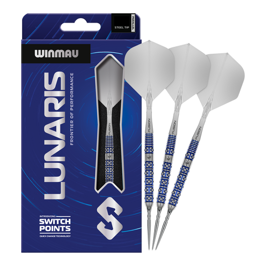 Winmau Lunaris Parallel Switch Point Steeldarts Zu sehen sind die Winmau Lunaris Parallel Switch Point Steeldarts in voller Länge. Das Produkt wird frontal gezeigt.