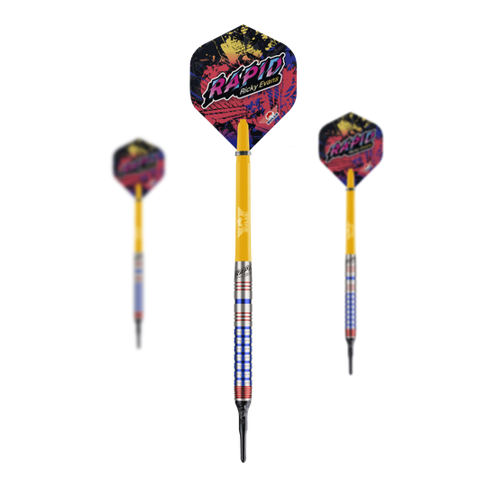 Das Bild zeigt drei Softdarts der Marke "Bulls NL Ricky Evans Rapid Edition One" mit einem Gewicht von 20g. Die Darts sind gelb mit farbigen Flights, auf denen "Rapid Ricky Evans" steht.