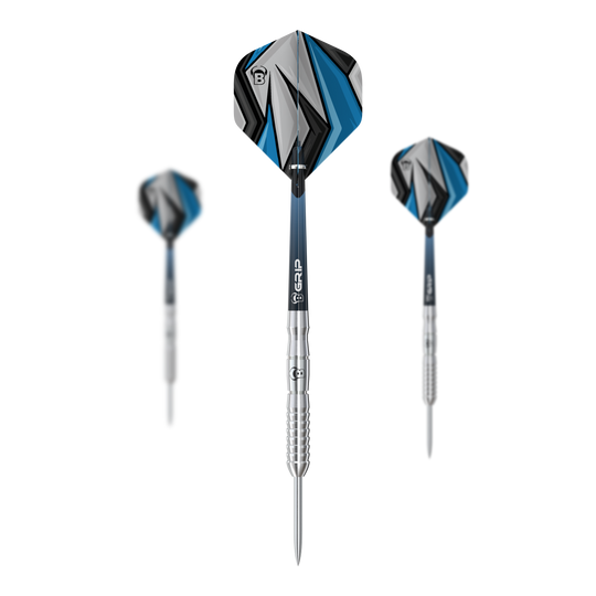 Bulls Stone S3 Steeldarts Auf dem Bild sind drei Bulls Stone S3 Steeldarts zu sehen. Sie haben silberne Spitzen und moderne Flights in Blau, Schwarz und Grau.