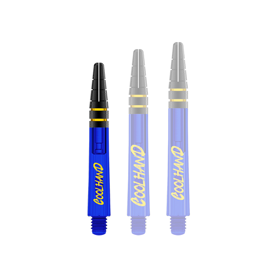 Red Dragon Nitrotech Luke Humphries Coolhand Shafts - Blue Auf dem Bild sind drei blaue Dartschäfte mit gelbem Schriftzug "COOLHAND" zu sehen. Oben haben sie schwarze Rillen mit goldenen Ringen.