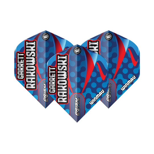 Das Bild zeigt die Winmau Prism Delta Garrett Rakowski Standard Flights. Die Flights sind blau mit roten und hellblauen Akzenten sowie dem Namen "Garrett Rakowski" darauf.