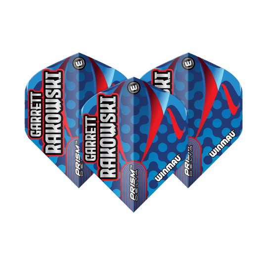 Winmau Prism Delta Garrett Rakowski Standard Flights Das Bild zeigt die Winmau Prism Delta Garrett Rakowski Standard Flights. Die Flights sind blau mit roten und hellblauen Akzenten sowie dem Namen "Garrett Rakowski" darauf.