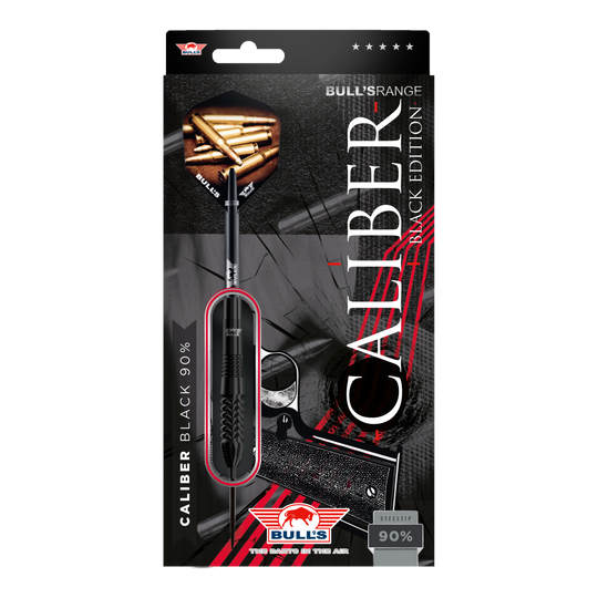 Bulls NL Caliber Black steel darts Das Bild zeigt die Verpackung der "Bulls NL Caliber Black Steeldarts". Die Verpackung ist schwarz gestaltet und hebt die Steeldarts sowie den Schriftzug "Caliber Black Edition" hervor.