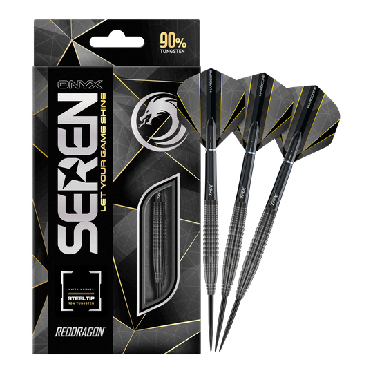 Red Dragon Seren 4 Onyx Steeldarts Das Bild zeigt die Verpackung und drei Steeldarts des Produkts "Red Dragon Seren 4 Onyx". Die Darts bestehen zu 90% aus Wolfram und haben ein modernes, schwarzes Design.