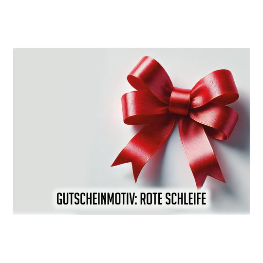 Voucher - Red Ribbon Das Bild zeigt eine große, glänzende rote Schleife auf einem hellen Hintergrund. Unten steht der Text: "GUTSCHEINMOTIV: ROTE SCHLEIFE".