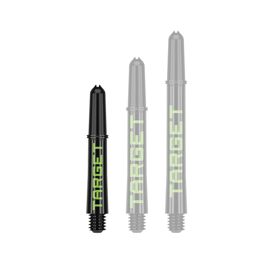 Target Pro Grip TAG Shafts - 3 Sets - Black Green Das Bild zeigt drei schwarze Dart-Schäfte in verschiedenen Längen mit grünem Schriftzug "TARGET". Sie sind nebeneinander auf weißem Hintergrund angeordnet.