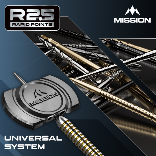 Mission R2.5 Rapid Point DSX Dart Tips - Black Die Abbildung zeigt die Mission R2.5 Rapid Point GV1 Dartspitzen in Silber. Es sind speziell designte Dartspitzen für Präzision und Haltbarkeit.