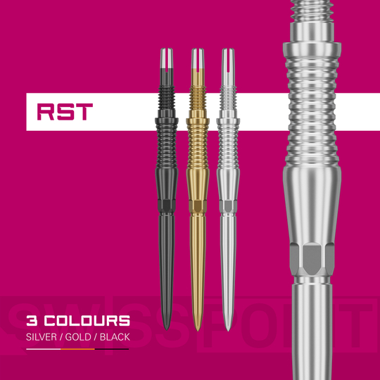 Zu sehen sind die Target Swiss Point Dartspitzen Signature RST in der Farbe Schwarz. Sie eignen sich optimal für professionelle Dartspieler.