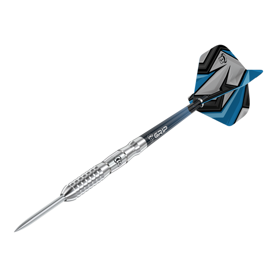 Bulls Stone S3 Steeldarts Das Bild zeigt einen Bulls Stone S3 Steeldart mit silbernem Barrel. Die Flights sind blau, schwarz und grau gemustert.