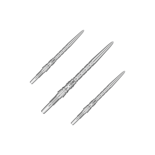 Target Signature Swiss Point TRB steel dart tips - silver Mehrere silberne Dartspitzen sind nebeneinander zu sehen. Es handelt sich um ein Set der 'Target SwissPoint Signature TRB' Dartspitzen mit 30 mm Länge.