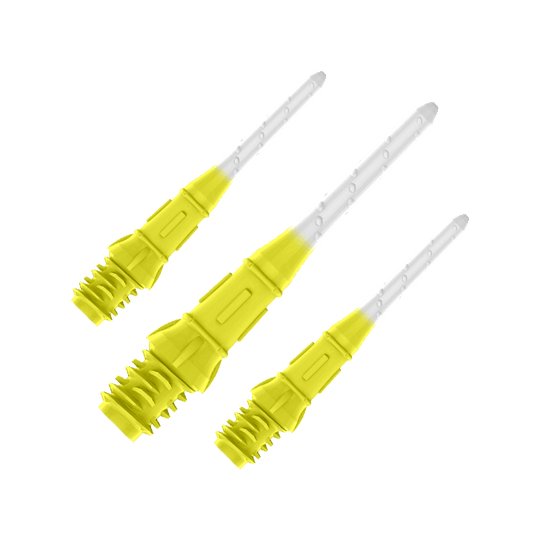 L-Style Premium Two Tone Lippoints (Pack of 30) Auf dem Bild sind drei gelb-weiße Dartspitzen zu sehen. Sie sind nebeneinander angeordnet und wirken modern sowie hochwertig verarbeitet.