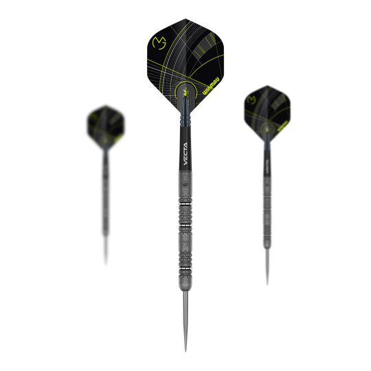 Auf dem Bild sind die Winmau Michael Van Gerwen Signature Edition Steeldarts als Set zu sehen. Dieses Dartset ist ideal für Sammler und ambitionierte Spieler.