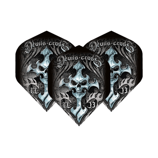 ALC1_Alchemy_Devils_Cross_Standard_Flights_1C1ehztmsGYyn6 Das Bild zeigt drei Dartflights mit dem Namen "Alchemy Devils Cross No2 Standard Flights". Das Design ist dunkel und zeigt einen Totenkopf mit Kreuzmotiv und dem Schriftzug "Devils Cross".