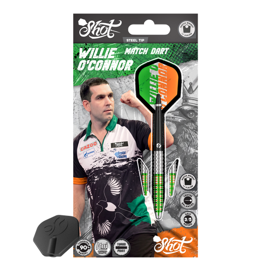 Shot Pro Series Willie O'Connor Turbo Point Steeldarts Shot Pro Series Willie O'Connor Turbo Point Steeldarts sind Dartpfeile mit modernen Griffbereichen. Sie werden nebeneinander gelegt gezeigt.