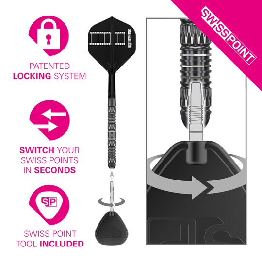 Target Chris Dobey 95K Swiss Point Steel Darts Abgebildet ist das Produkt Target Chris Dobey 95K Swiss Point Steeldarts. Es handelt sich um professionelle Steeldarts mit modernem Design.