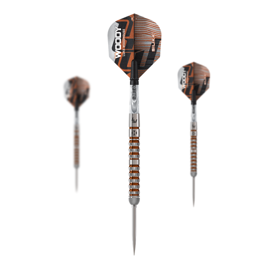 Das Bild zeigt Harrows Luke Woodhouse Series 3 Quick Point Steeldarts. Der Artikel ist ein Satz hochwertiger Steeldarts.