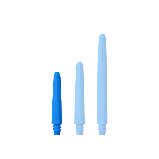 572_Nylon_Shafts_Blau_28mm_14C2m8Vqnjedt5 Das Bild zeigt drei blaue Nylon-Schäfte in unterschiedlichen Längen. Sie sind nebeneinander auf weißem Hintergrund angeordnet.