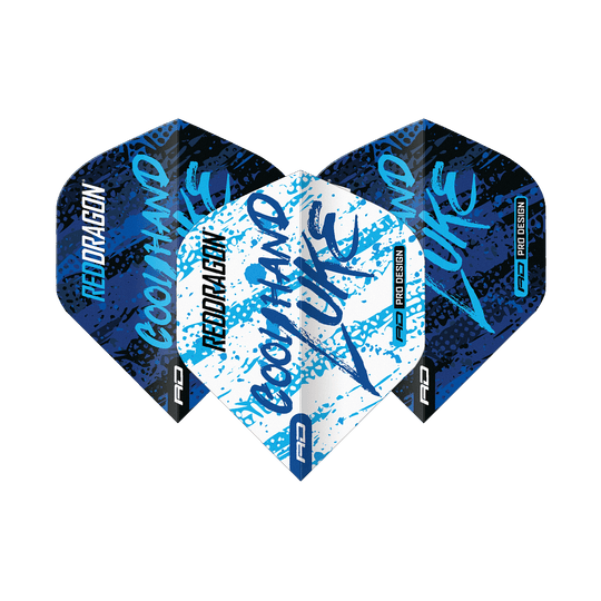 Das Bild zeigt drei Dart-Flights mit dem Design "Red Dragon Luke Humphries World Champion Blue White Yin Yang". Die Flights sind in Blau, Weiß und Schwarz gehalten und tragen die Aufschrift "Cool Hand Luke".