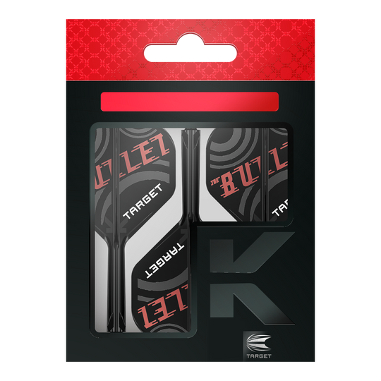 Die Abbildung zeigt eine Verpackung der "Target K-Flex Stephen Bunting No2 Standard Flights". Die Flights sind schwarz, weiß und rot gestaltet und tragen die Aufschrift "THE BULLET" sowie "TARGET".