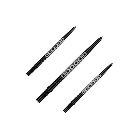 Shot Turbo Point Goths Dart Tips - Black Ein Set aus mehreren schwarzen Dartspitzen ist zu sehen. Die Spitzen eignen sich für verschiedene Dartpfeile.