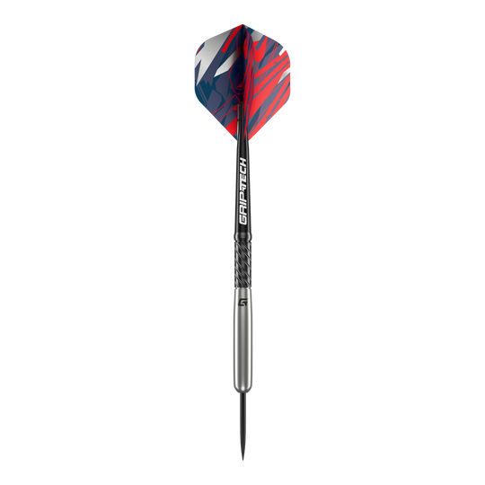 GOAT Homerun Baseball Tungsten Steel Darts Das Bild zeigt den GOAT Homerun Baseball Tungsten Steeldart. Der Dart hat auffällige Flights in Rot, Blau und Weiß sowie einen silbernen Schaft mit der Aufschrift "GRIP-TECH".