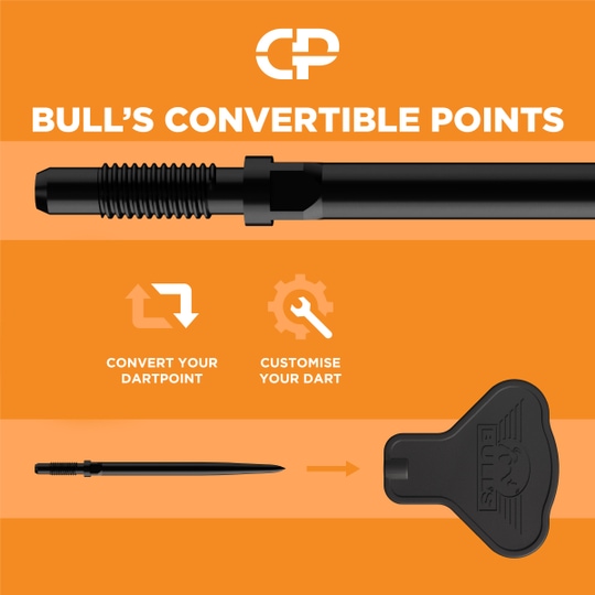 Auf dem Bild ist das Bulls NL Convertible Points Tool zu sehen. Dieses Werkzeug wird zum einfachen Wechseln von Dartspitzen verwendet.