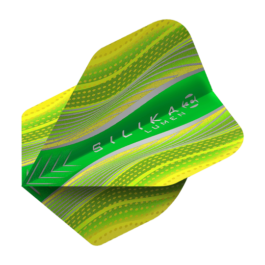 HR79_Harrows_Silika_Lumen_Yellow_No2_Standard_Flights_2 Auf dem Bild ist ein Harrows Silika Lumen Yellow No2 Standard Flight zu sehen. Das Flight ist überwiegend gelb und grün mit silbernen und grünen Details sowie der Aufschrift "Silika Lumen".