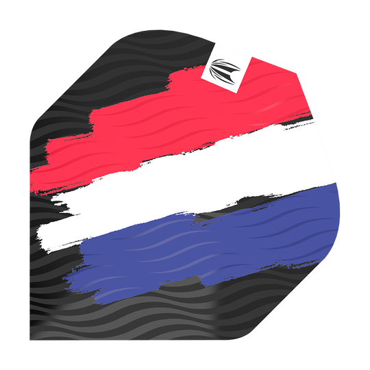 TG12_335770_Target_ProUltra_Flag_Holland_No2_Standard_Flights_100pL8HOc1rYWi Das Bild zeigt ein Dart-Flight mit den Farben der niederländischen Flagge in Pinselstrich-Optik. Oben links ist ein kleines Logo auf weißem Hintergrund zu sehen.