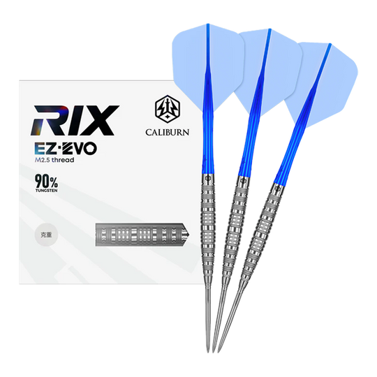 Caliburn Rix EZ-EVO R6 steel darts Auf dem Bild ist der Caliburn Rix EZ-EVO R6 Steeldarts vollständig dargestellt. Die Details und das Design sind gut sichtbar.