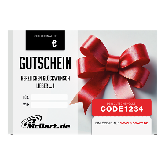 Voucher - Red Ribbon Das Bild zeigt einen Gutschein mit einer großen roten Schleife. Auf dem Gutschein steht „Herzlichen Glückwunsch“ und es gibt ein Feld für den Gutscheinwert sowie einen Gutscheincode.