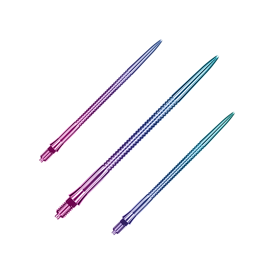 Caliburn EZ-EVO dart tips - Grooved - Rainbow Auf dem Bild sieht man ein Set Caliburn EZ-EVO Dartspitzen mit grooved Rainbow-Optik, 45 mm lang. Die Spitzen zeichnen sich durch ein buntes, geriffeltes Muster aus.