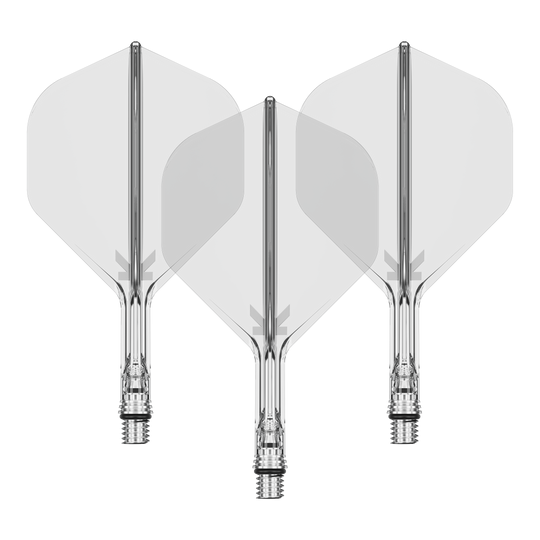 Das Bild zeigt ein Set von Target KShift No2 Standard Flights, klar, mit einer Größe von 19mm. Das Produkt ist ein Zubehör für Darts.