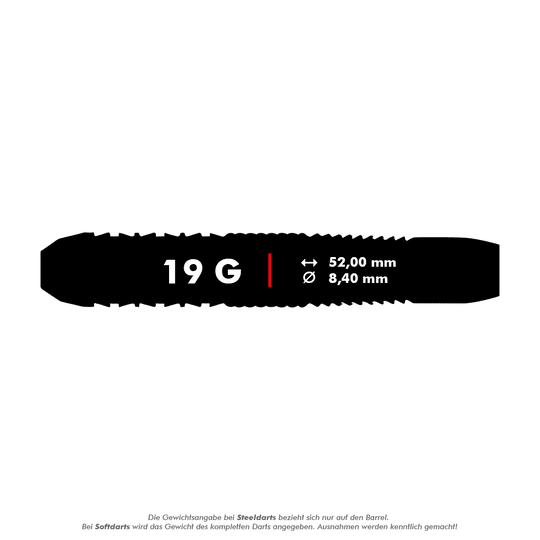 Unicorn Top Brass V2 Steeldarts - 19g Das Bild zeigt die Produktinformationen für die Unicorn Top Brass V2 Steeldarts - 19g. Die Darts wiegen 19 Gramm, sind 52,00 mm lang und haben einen Durchmesser von 8,40 mm.
