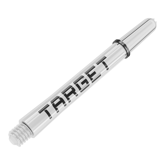 Target Pro Grip TAG Shafts - 3 Sets - White Das Bild zeigt einen weißen Dart-Schaft mit der Aufschrift "TARGET". Der Schaft ist aus Kunststoff und hat ein Schraubgewinde am Ende.