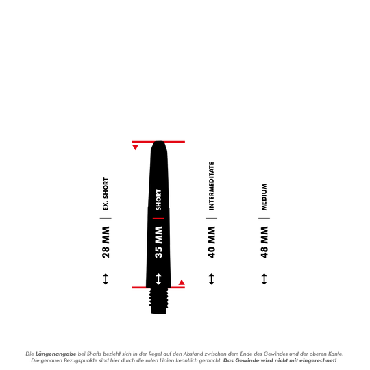 MD-600_Nylon_Shafts_mit_Wunschdruck_5_35mm Das Bild zeigt verschiedene Längen von Nylon Shafts für Darts, dargestellt in Millimetern. Die Längen reichen von 28 mm (Ex. Short) bis 48 mm (Medium), wobei die Messpunkte mit roten Linien markiert sind.