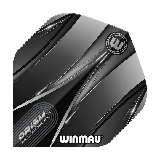 Das Bild zeigt einen Winmau Alpha Sniper Black Standard Flight für Darts. Das Design ist überwiegend schwarz und silber mit stilisierten Linien und dem Winmau-Logo.