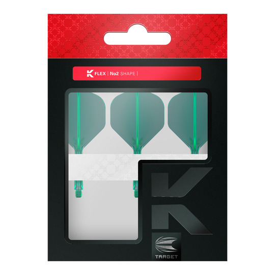 Target K-Flex No2 Standard Flight System - Green Auf dem Bild ist eine Packung mit drei grünen Dartflights der Marke Target zu sehen. Die Verpackung ist überwiegend schwarz mit einem roten oberen Abschnitt und dem Aufdruck "K FLEX | No2 SHAPE".