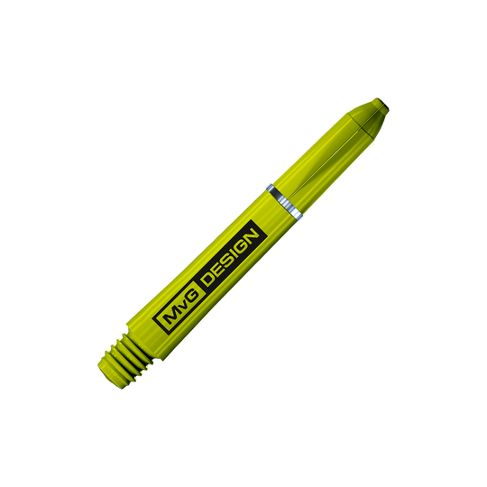 7100_Winmau_Nylon_Ring_Grip_MvG_Design_Shafts_35mm_2 Das Bild zeigt einen gelben Dartshaft mit der Aufschrift "MvG DESIGN". Es handelt sich um das Produkt "Winmau Nylon Ring Grip MvG Design Shafts".