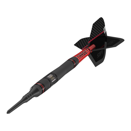 Target Scope 11 Soft Darts Das Bild zeigt einen Target Scope 11 Softdart mit schwarzem und rotem Design. Der Dartpfeil hat eine schwarze Spitze und eine schwarze Flight-Fläche mit Schriftzug.