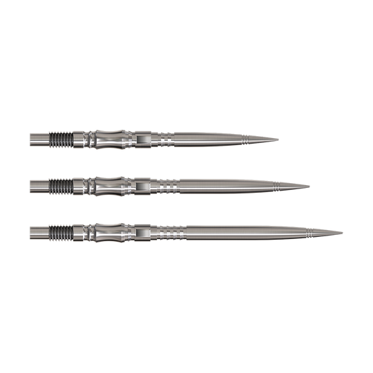 Harrows Quick Point Axis Elite Series Dartspitzen - Silber Dartspitzen der Axis Silver Elite Series werden gezeigt. Sie sind silberfarben und funktional gebaut.